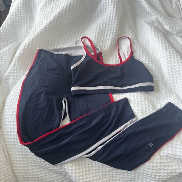 Splits59 Women's Navy Leggings with Red and White Stripes and bra set - Picture 6 of 6